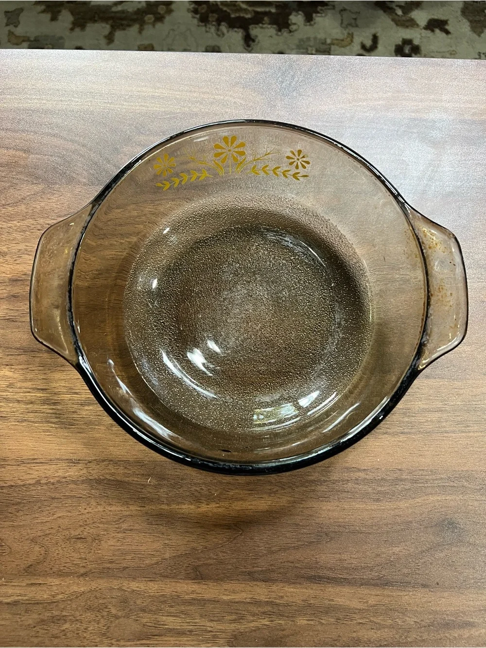 Vintage GlasBake Jeanette, Brown Glass Casserole with Yellow Daisies